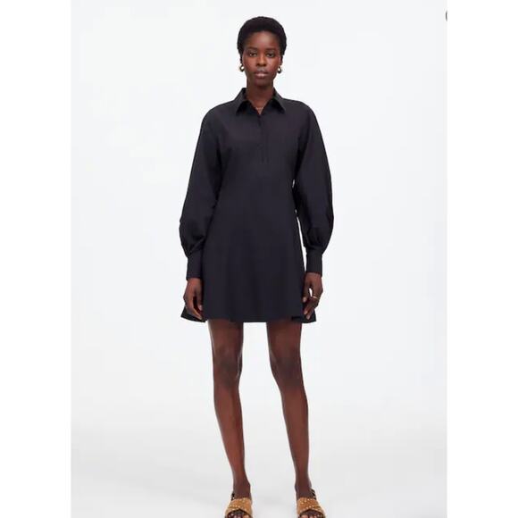 NWT Madewell Seamed Long-Sleeve Mini Shirtdress in Poplin In Black Size 16 - Picture 1 of 8